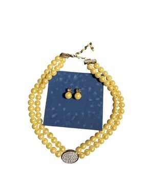 Avon Yellow Double-Strand Beaded Necklace with Crystal Accent and Studs